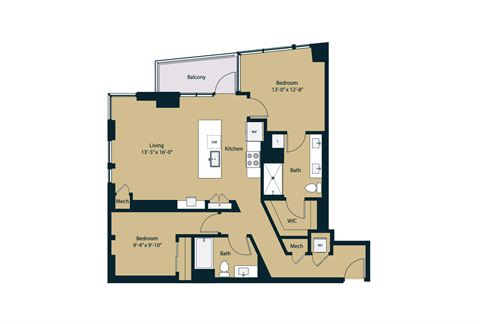 Floor plan for 2 beds, 2 baths, 1107 sqft